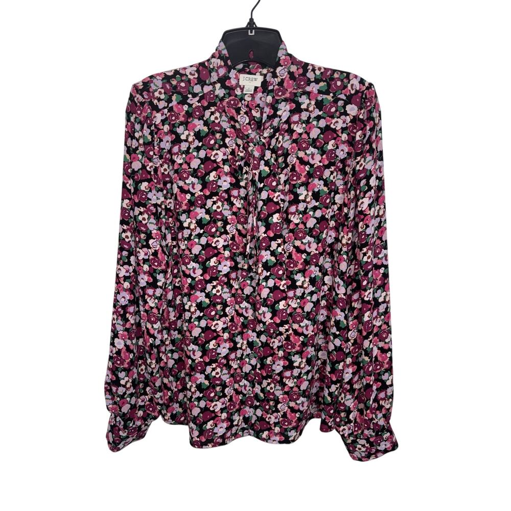 J Crew Purple Pink Floral Tie-Neck Bow Blouse Button Up Long Sleeve L
